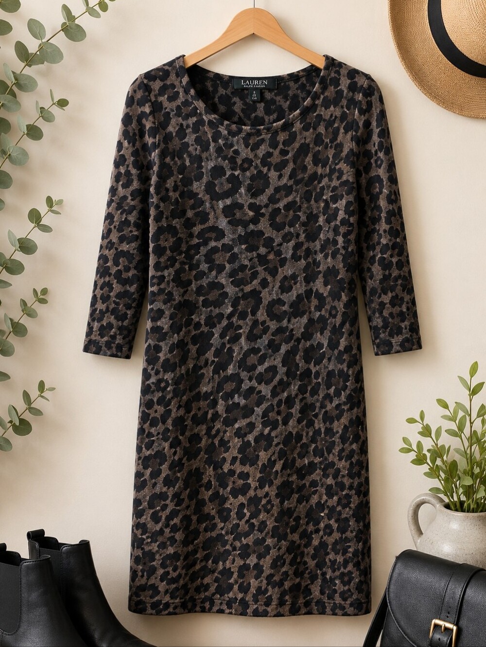 Ralph Lauren Animal Print Sweater Dress Small 3/4 Sleeve Knit Dress